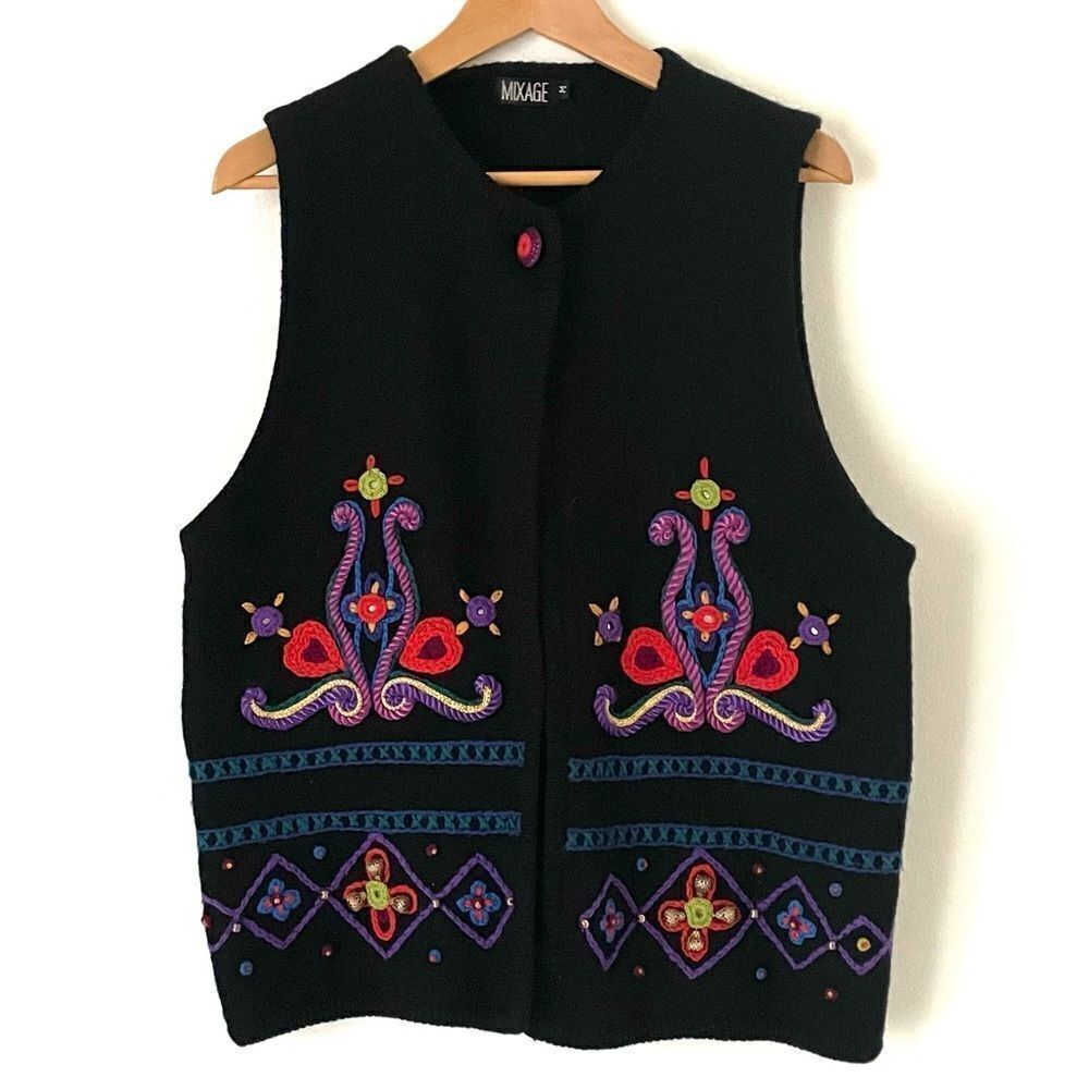 Mixage Black Wool Vest with Multicolor Embroidery size M 257